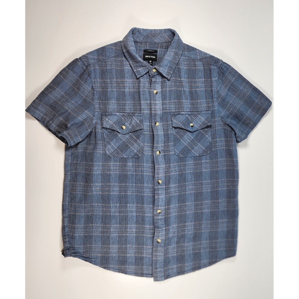Brixton Men Linen Button Up Shirt Size M Coastal Resort Workwear Plaid